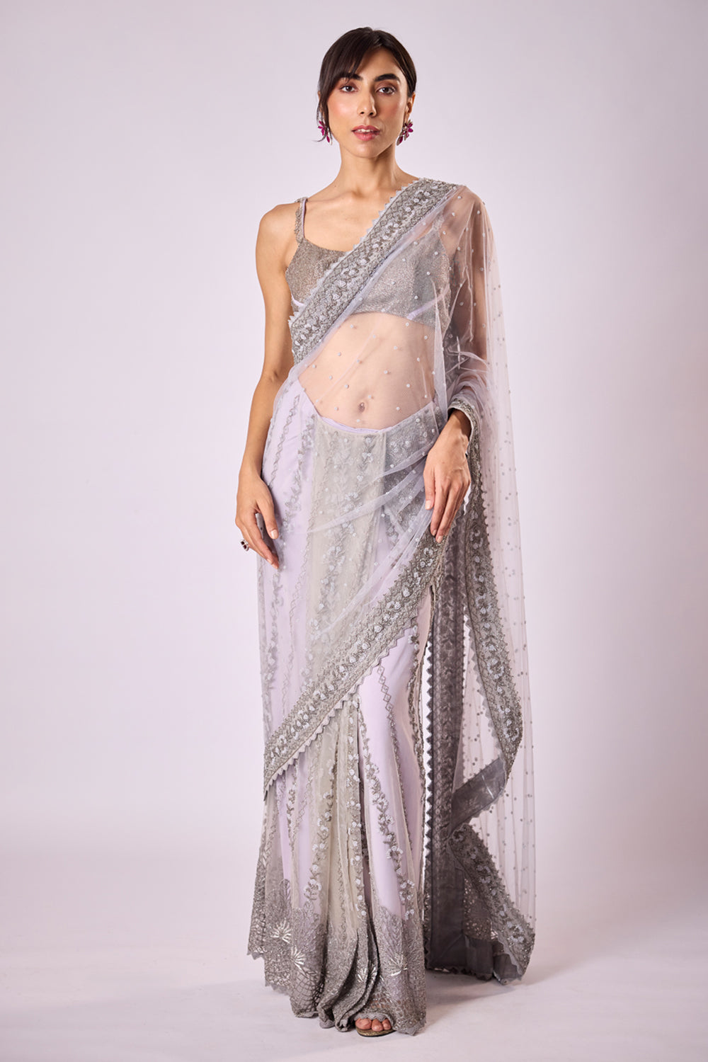 Lilac Tulle Prestitched Sari Set