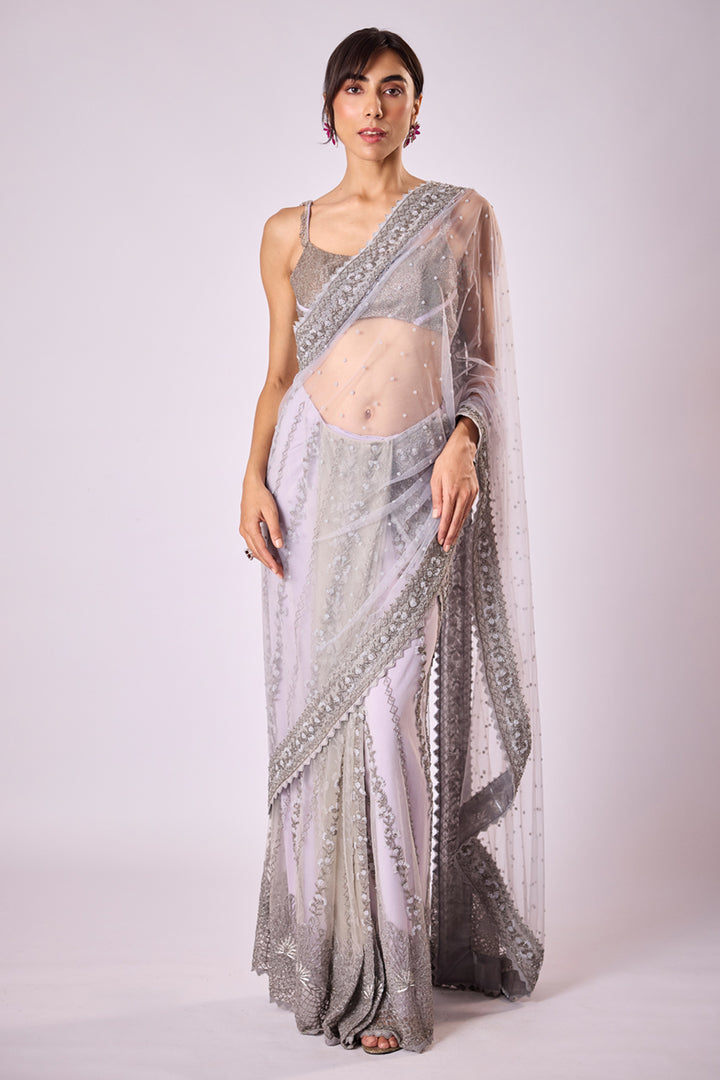 Lilac Tulle Prestitched Sari Set