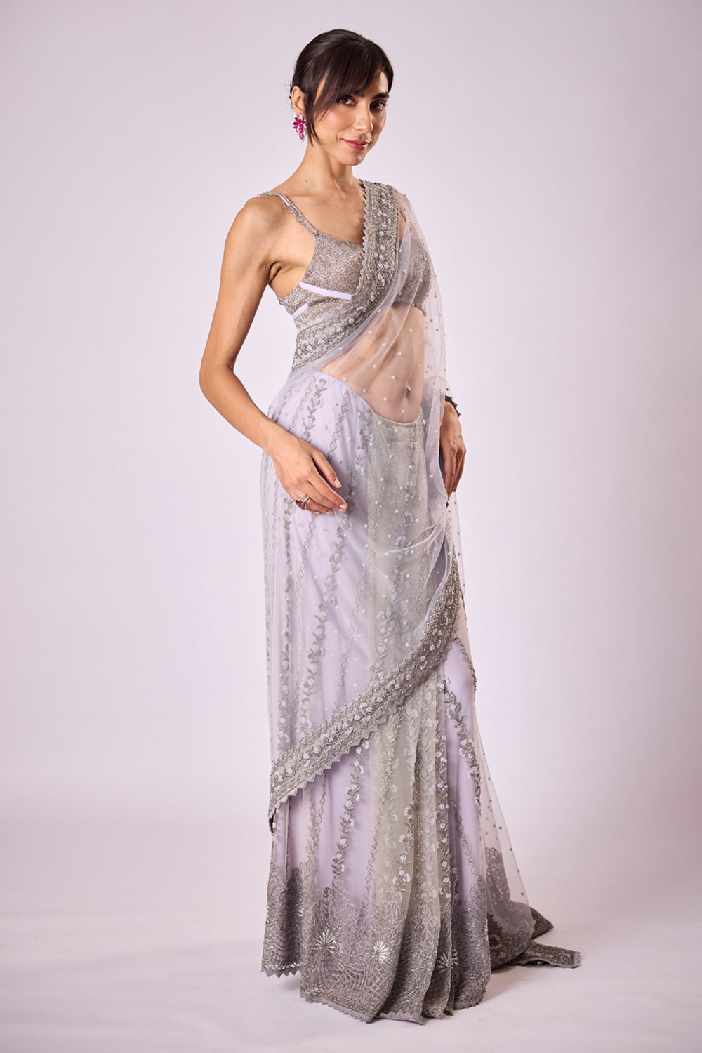 Lilac Tulle Prestitched Sari Set