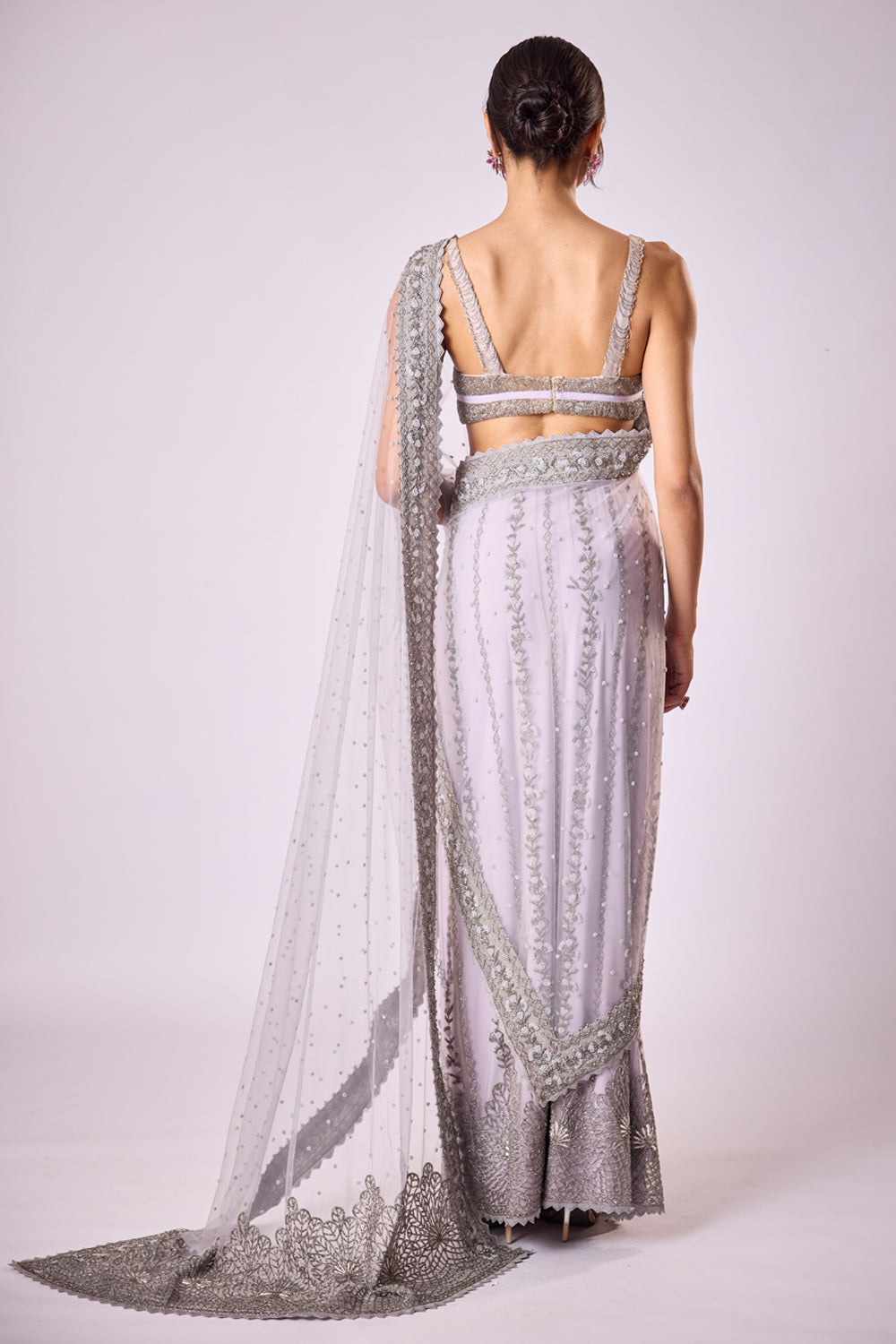Lilac Tulle Prestitched Sari Set