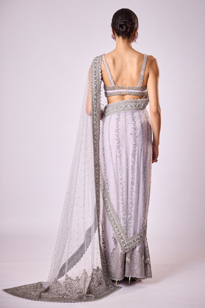 Lilac Tulle Prestitched Sari Set