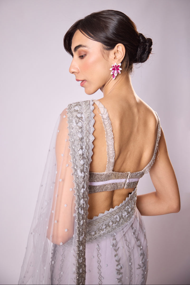 Lilac Tulle Prestitched Sari Set
