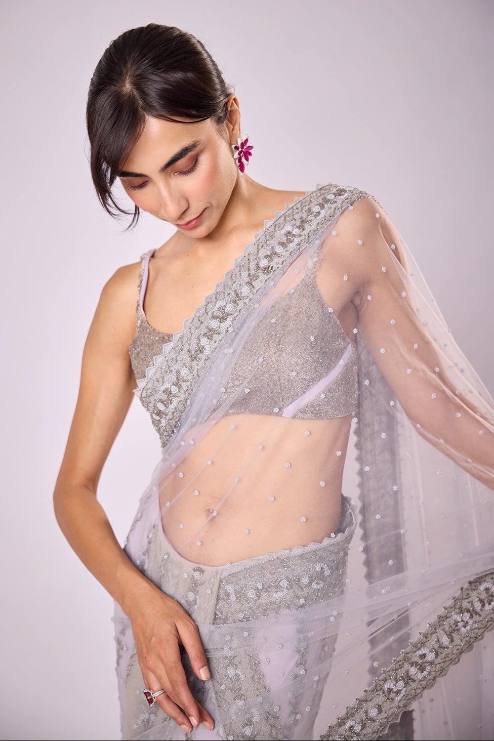 Lilac Tulle Prestitched Sari Set