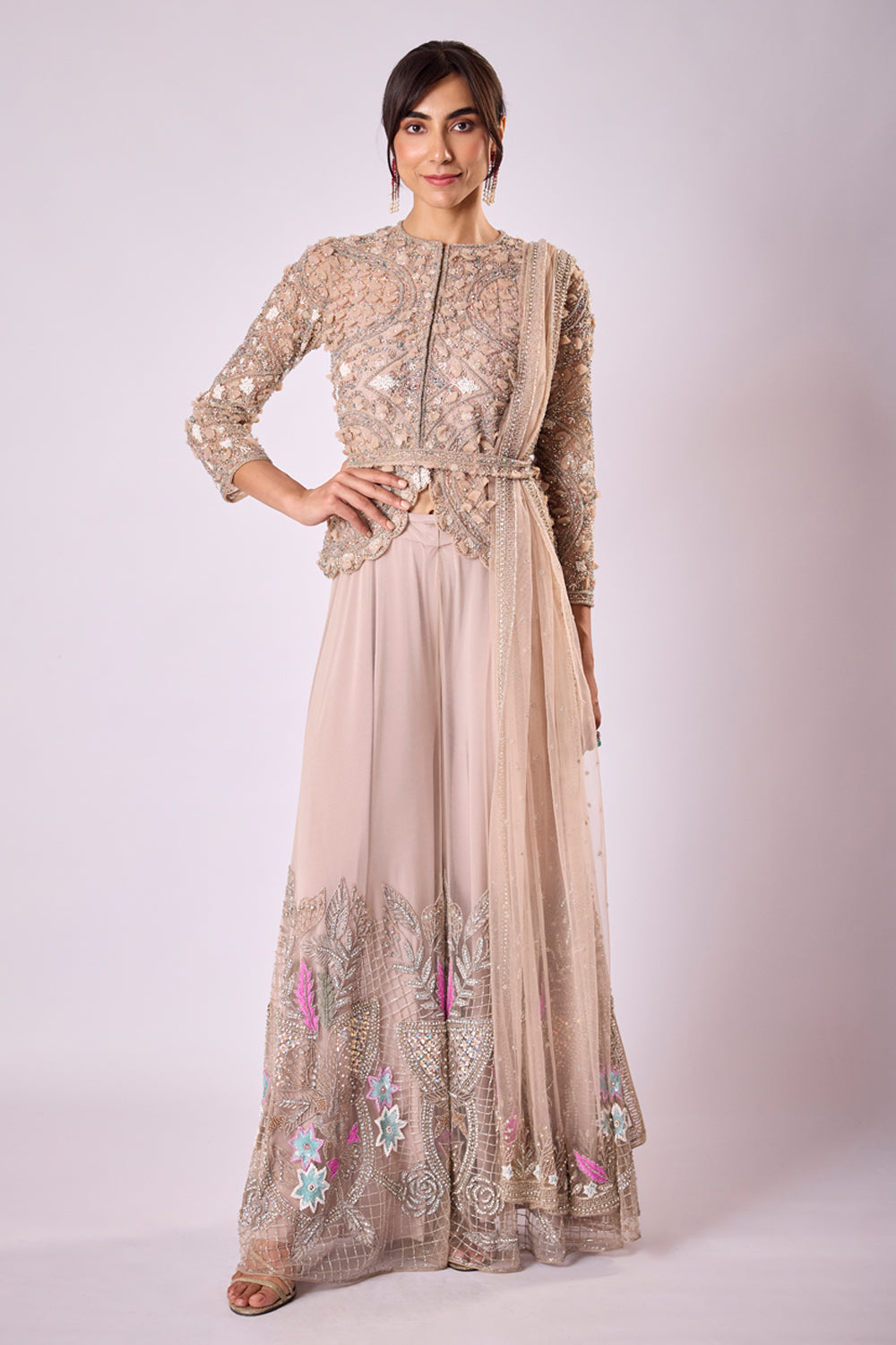 Pink 3D Embellished Jacket Ands Sharara Set