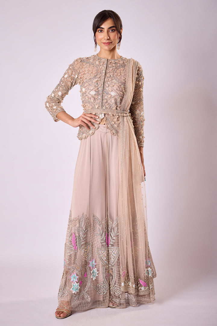Pink 3D Embellished Jacket Ands Sharara Set