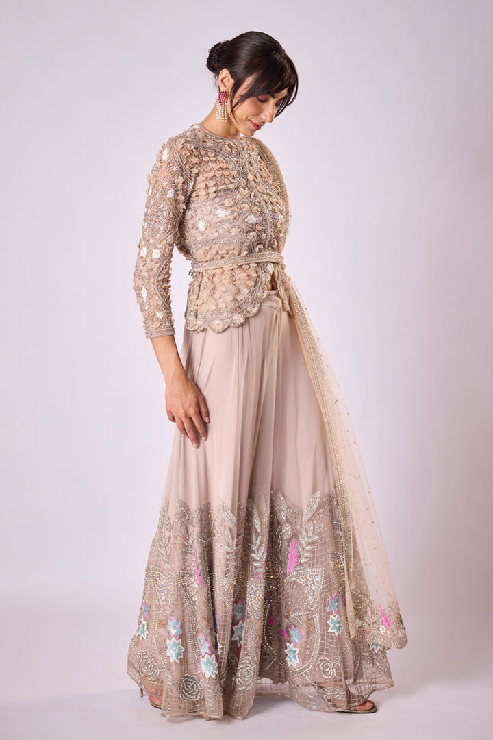 Pink 3D Embellished Jacket Ands Sharara Set