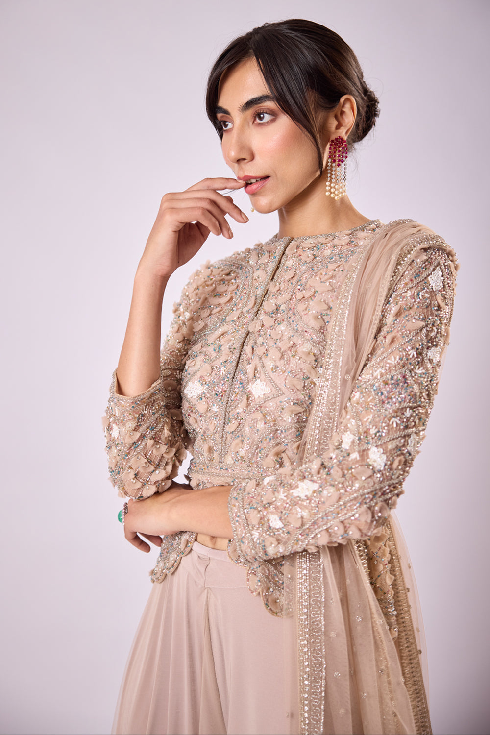Pink 3D Embellished Jacket Ands Sharara Set