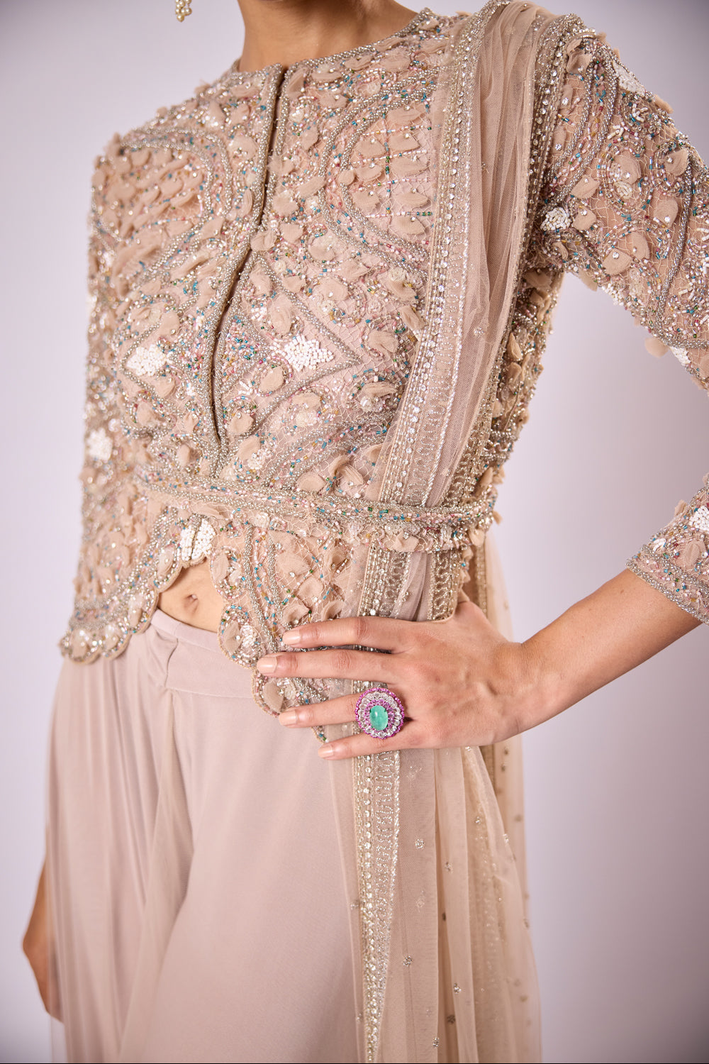 Pink 3D Embellished Jacket Ands Sharara Set