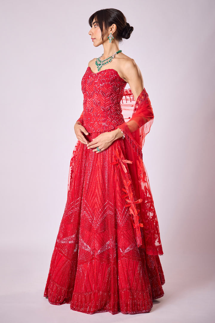 Red Chevron Lehenga Set