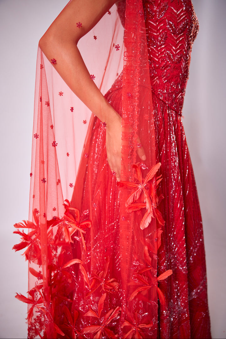 Red Chevron Lehenga Set