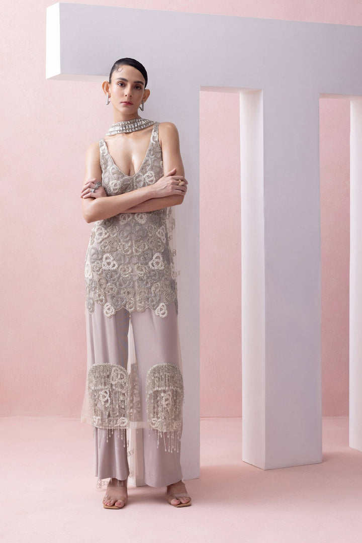 Stone Floral Tunic With Pants And Stone Collar Stole