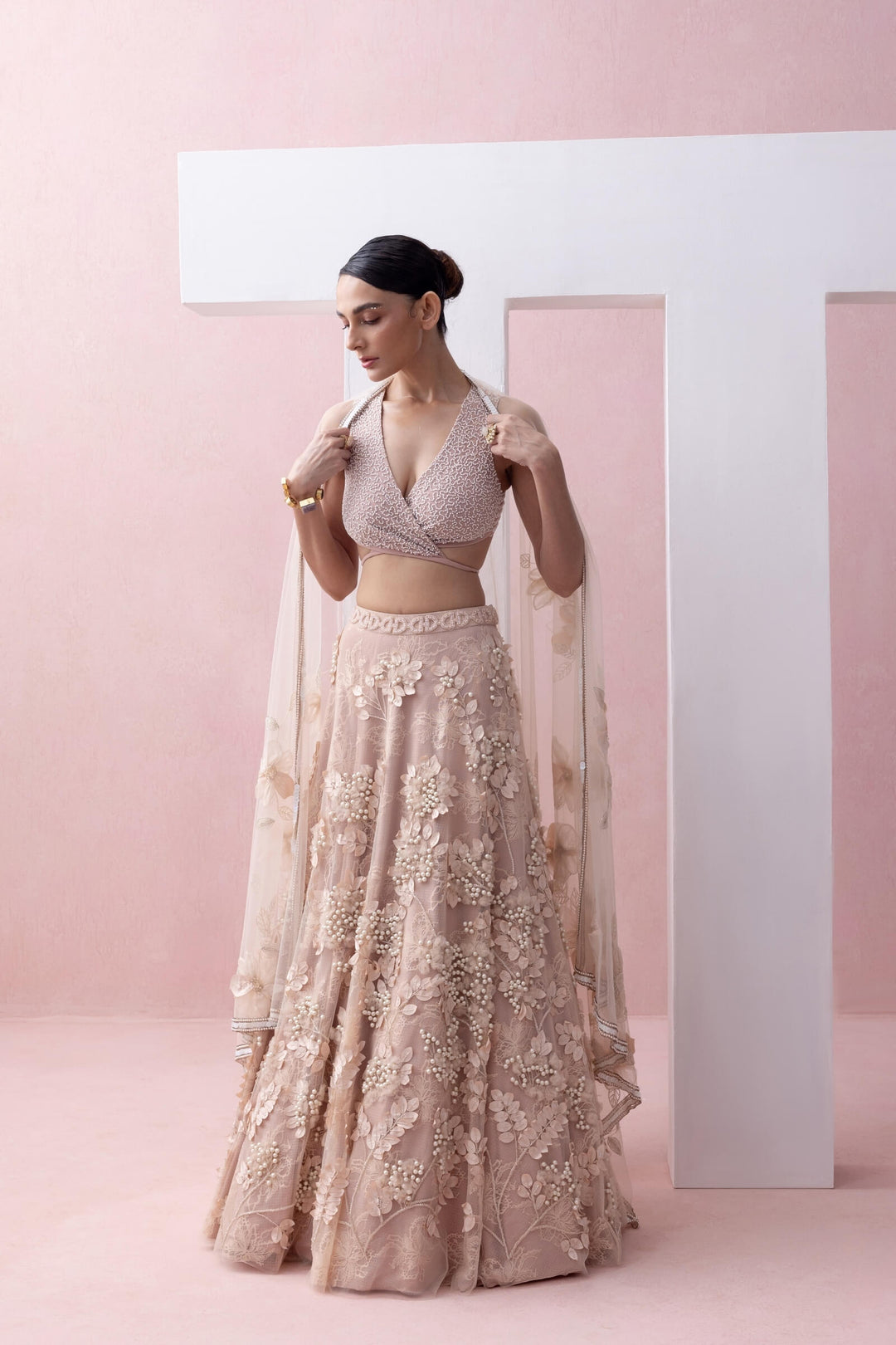 Peach Lace Lehenga With 3d Appliques and Tie Up Blouse With Tulle Dupatta