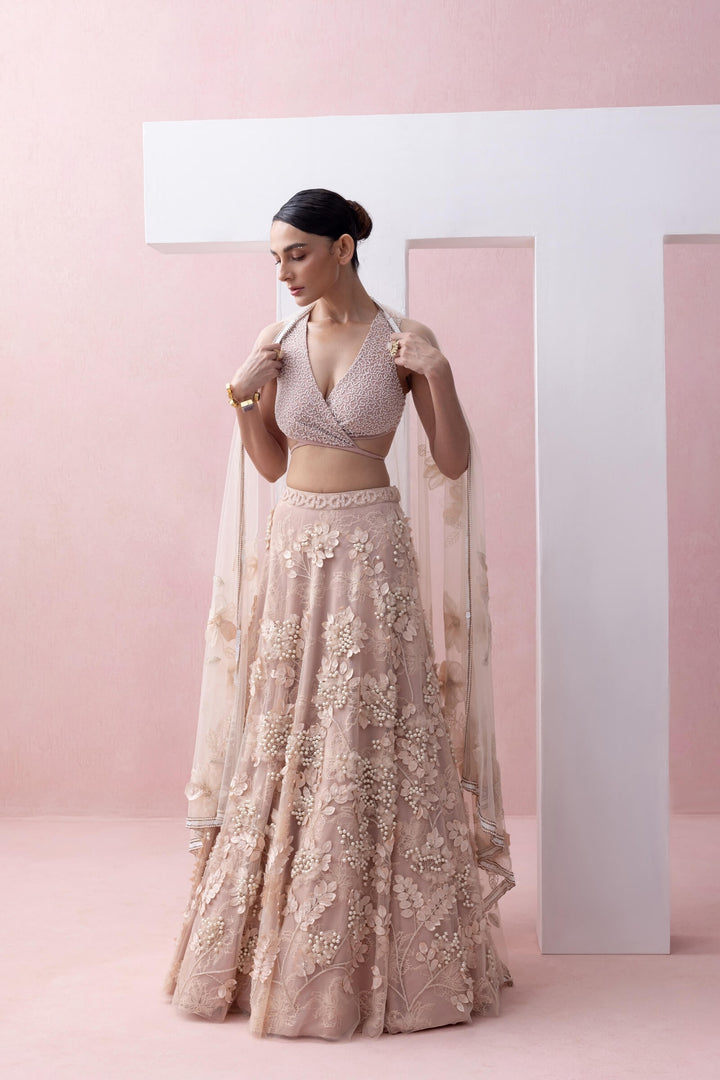 Peach Lace Lehenga With 3d Appliques and Tie Up Blouse With Tulle Dupatta