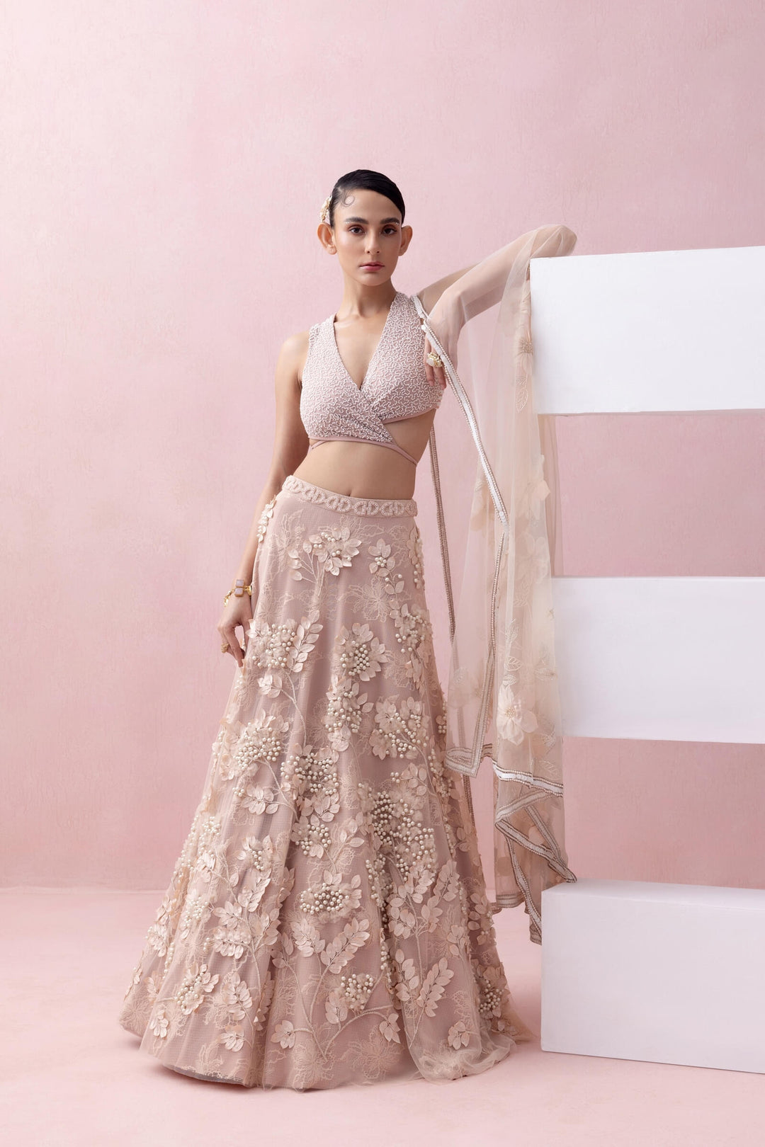 Peach Lace Lehenga With 3d Appliques and Tie Up Blouse With Tulle Dupatta