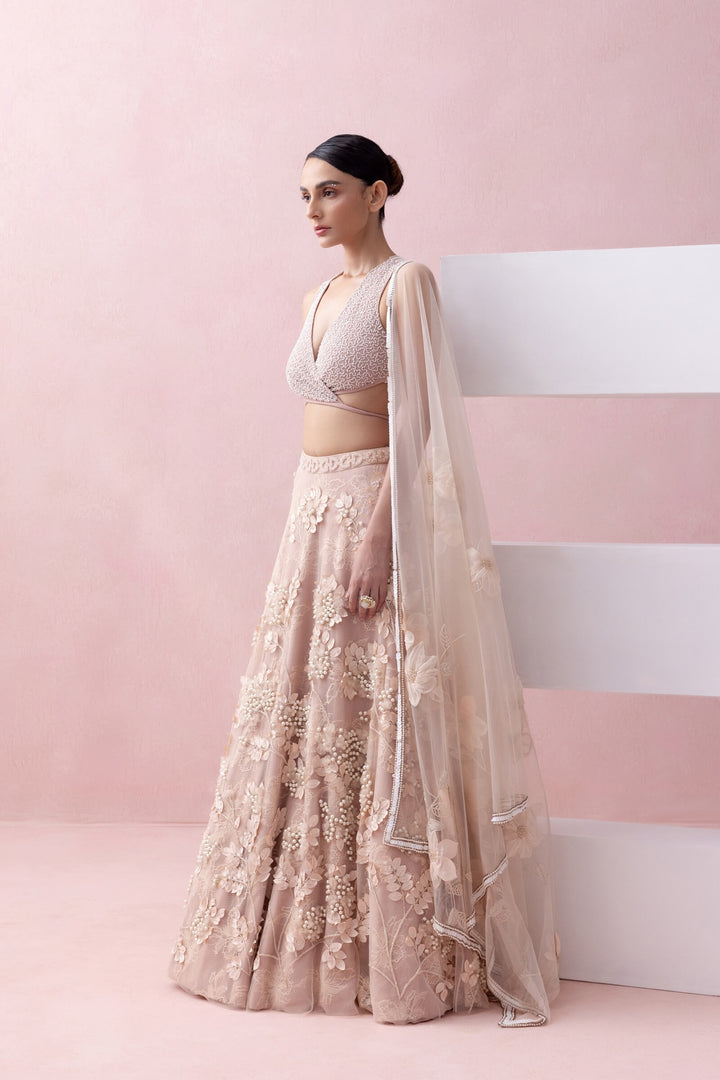 Peach Lace Lehenga With 3d Appliques and Tie Up Blouse With Tulle Dupatta