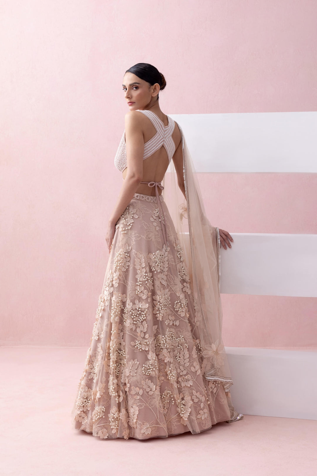 Peach Lace Lehenga With 3d Appliques and Tie Up Blouse With Tulle Dupatta
