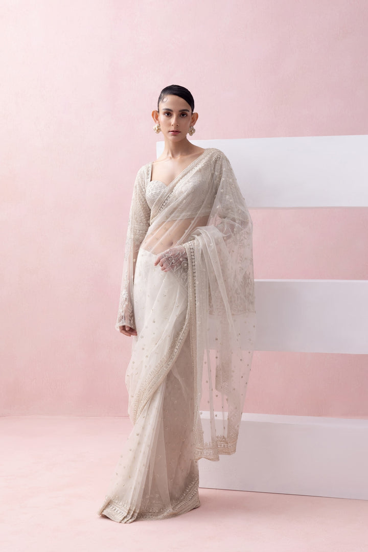 Ivory Tulle  Pre-stitched Saree With Umberlla Sleeve Blouse