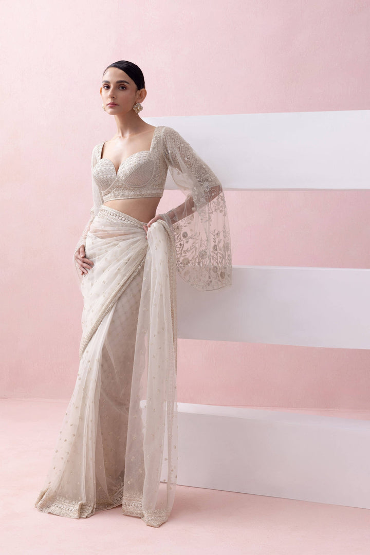 Ivory Tulle  Pre-stitched Saree With Umberlla Sleeve Blouse
