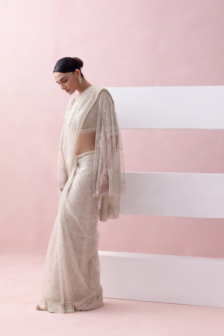 Ivory Tulle  Pre-stitched Saree With Umberlla Sleeve Blouse