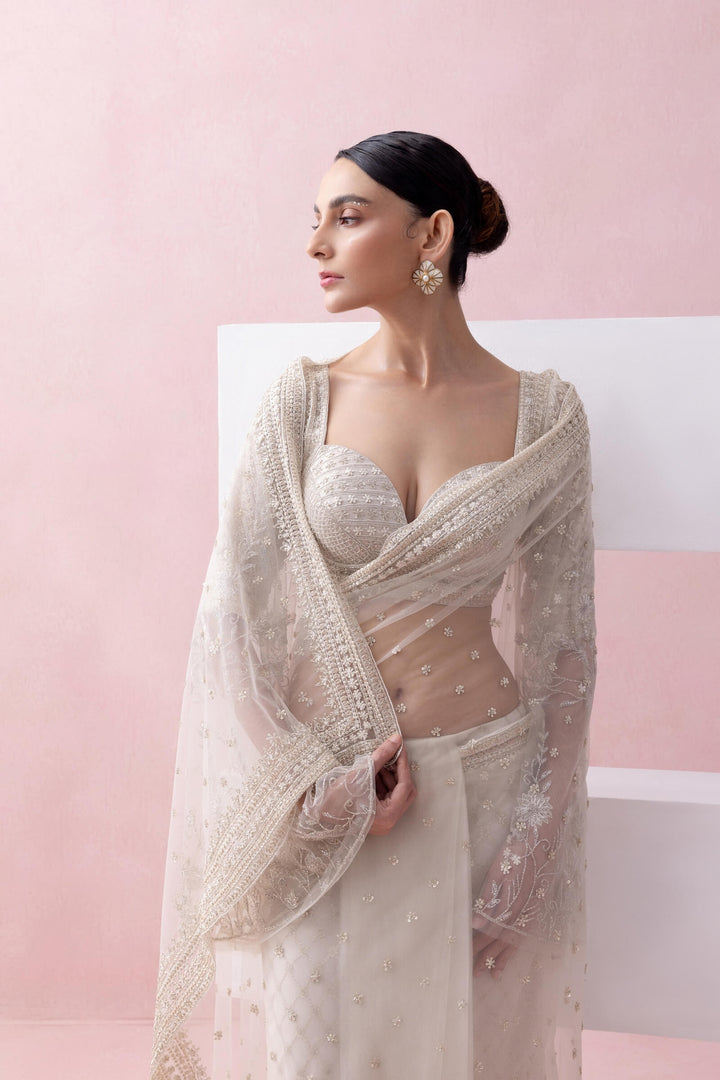 Ivory Tulle  Pre-stitched Saree With Umberlla Sleeve Blouse