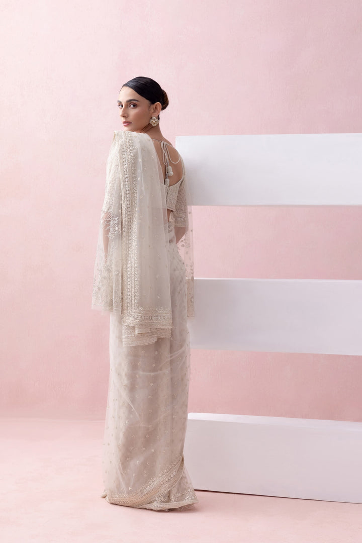 Ivory Tulle  Pre-stitched Saree With Umberlla Sleeve Blouse