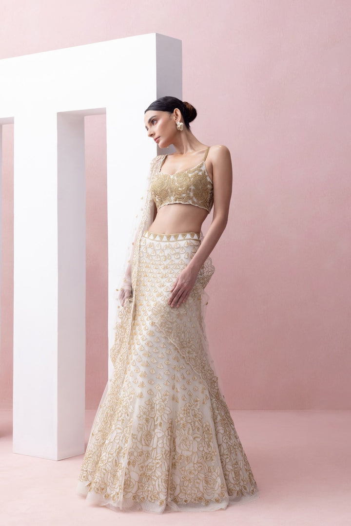 Ivory and Gold Fishtail Lehenga Set With Organza Applique and Crystals
