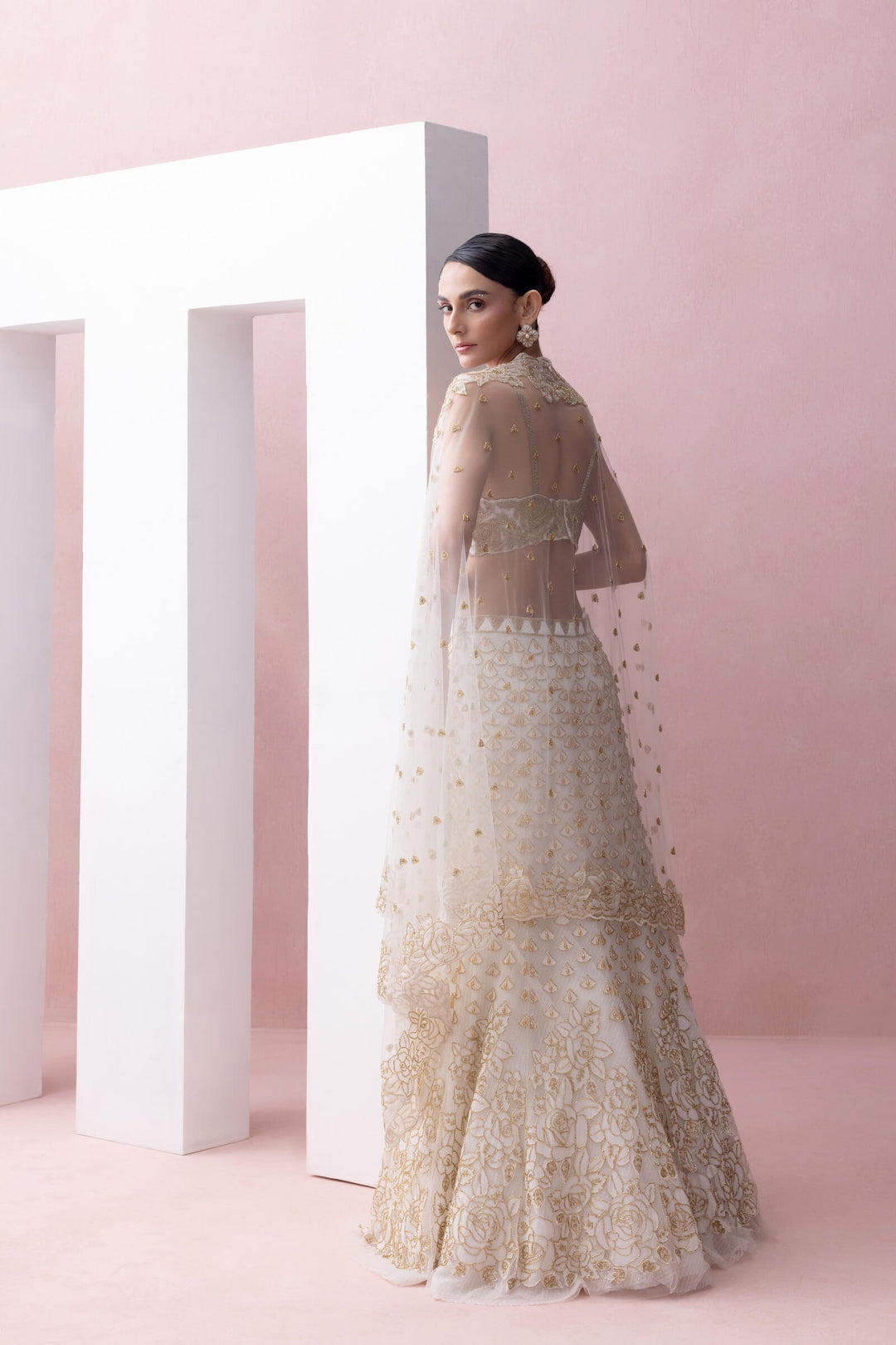 Ivory and Gold Fishtail Lehenga Set With Organza Applique and Crystals