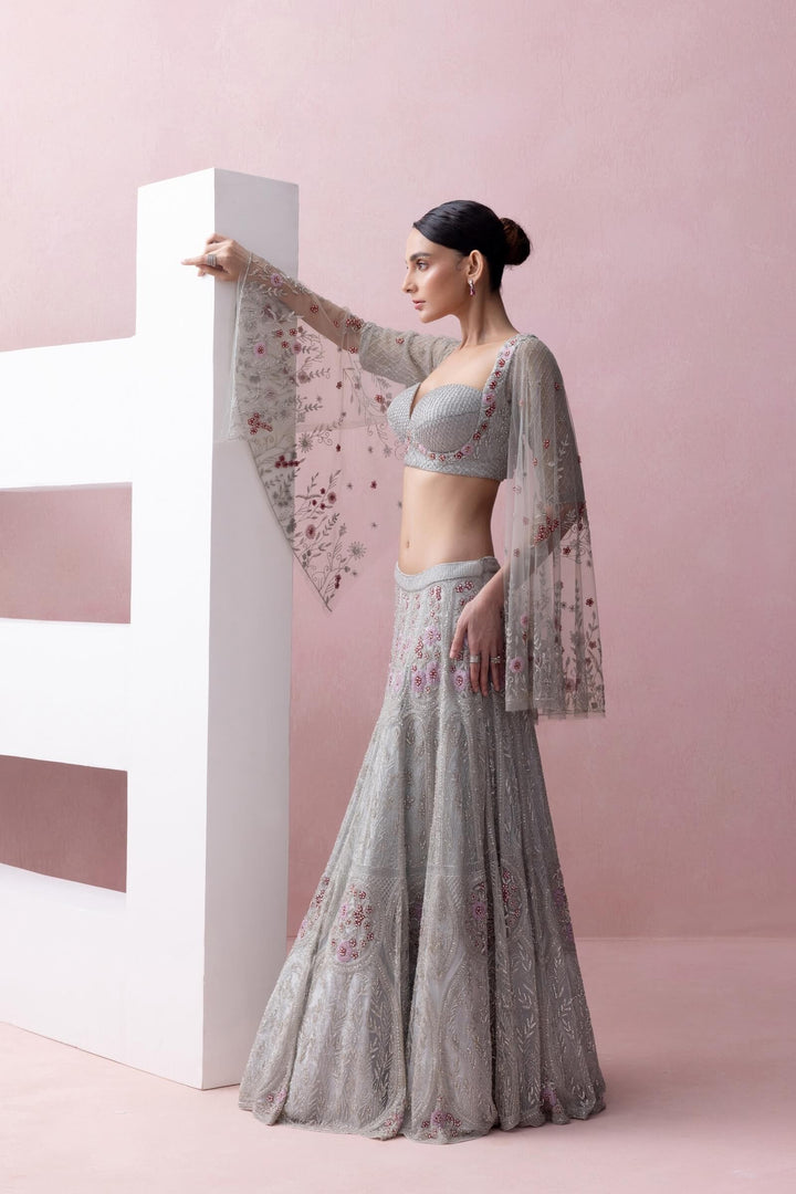 Baby Blue Bagh Lehenga With Umbrella Sleeve Blouse