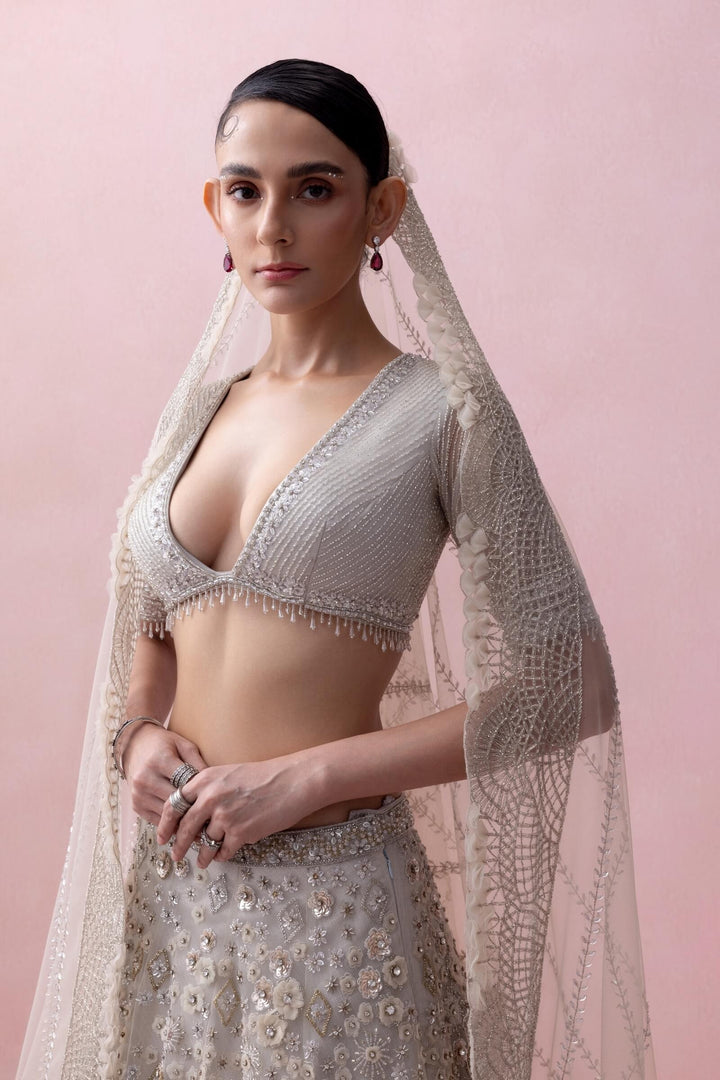 Grey Zoya Lehenga Set With 3d Embroidery