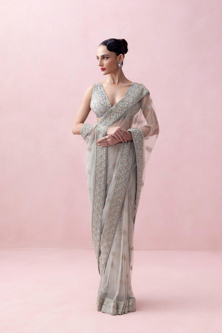 Mint Green Tulle Saree With Organza Border and Threadwork Blouse