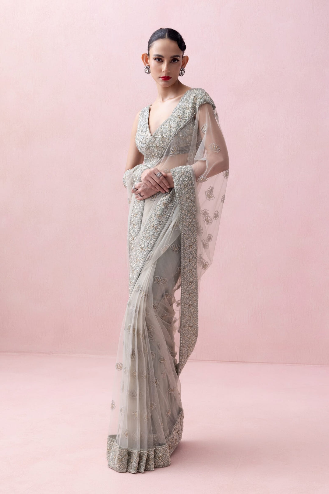 Mint Green Tulle Saree With Organza Border and Threadwork Blouse