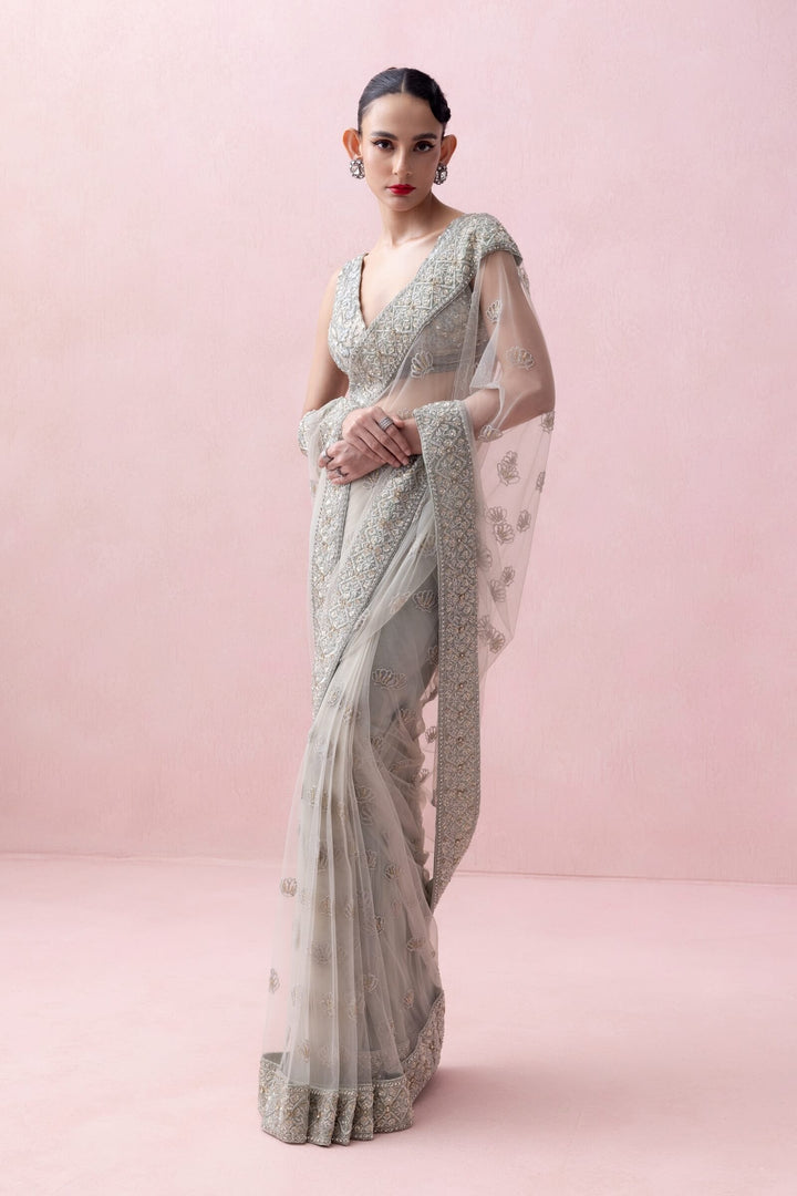 Mint Green Tulle Saree With Organza Border and Threadwork Blouse