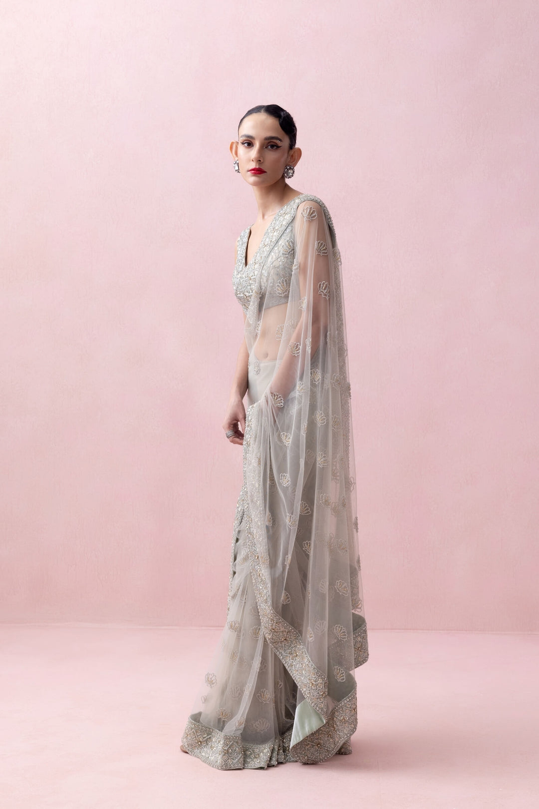 Mint Green Tulle Saree With Organza Border and Threadwork Blouse