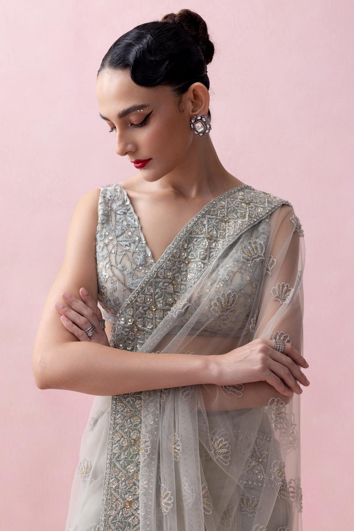 Mint Green Tulle Saree With Organza Border and Threadwork Blouse
