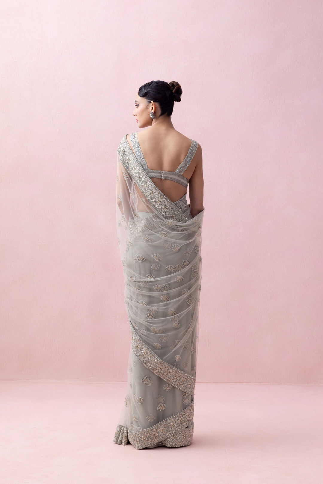 Mint Green Tulle Saree With Organza Border and Threadwork Blouse