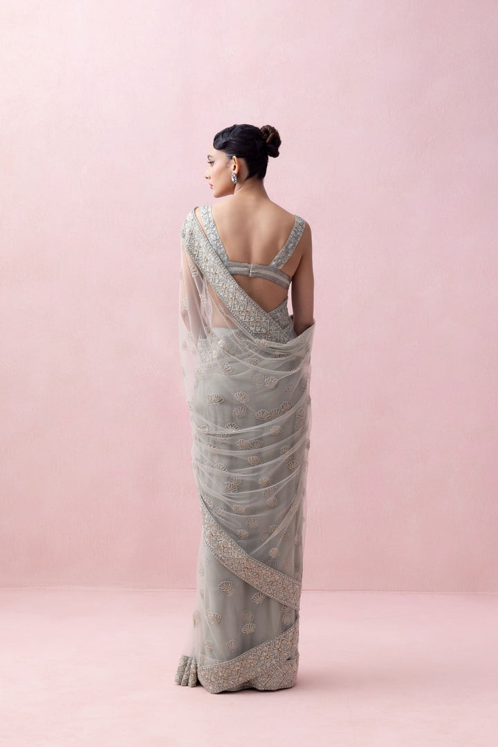 Mint Green Tulle Saree With Organza Border and Threadwork Blouse