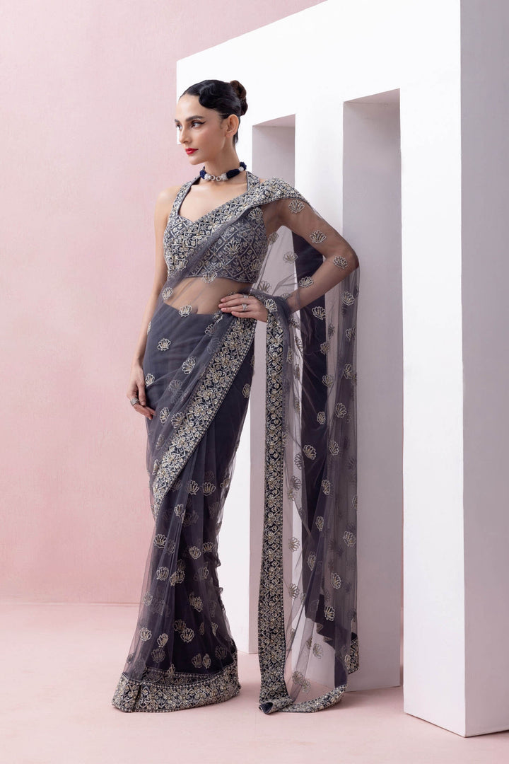 Aegean Blue Tulle Saree With Organza Border and Razorback Blouse