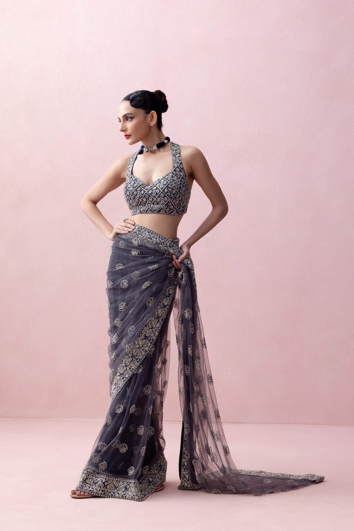 Aegean Blue Tulle Saree With Organza Border and Razorback Blouse