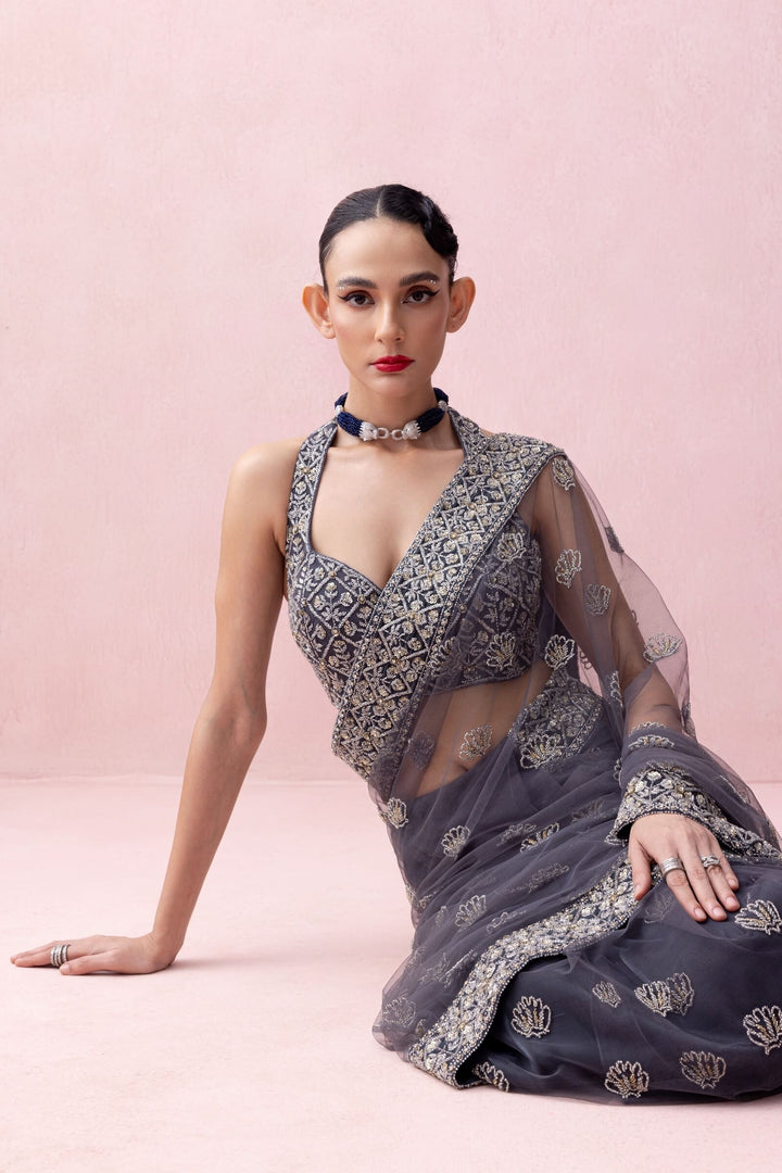 Aegean Blue Tulle Saree With Organza Border and Razorback Blouse