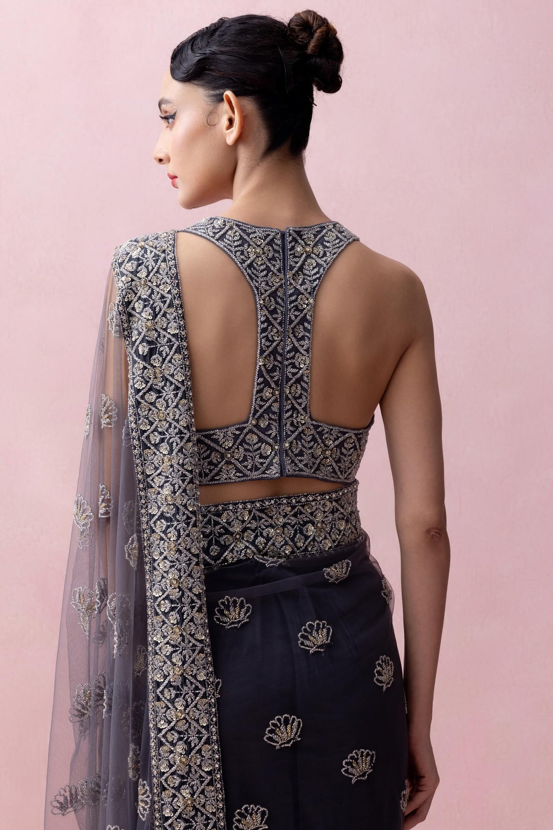 Aegean Blue Tulle Saree With Organza Border and Razorback Blouse