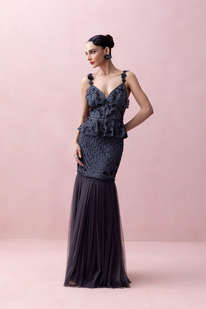 Aegean Blue Organza Peplum and Mermaid Skirt Set