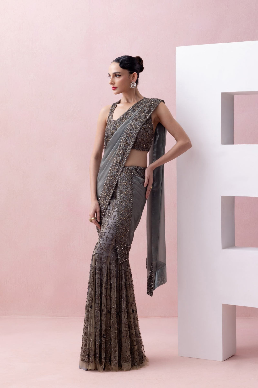 Steel Grey Embroidered Godet Skirt With Organza Aanchal And Razor Back Blouse