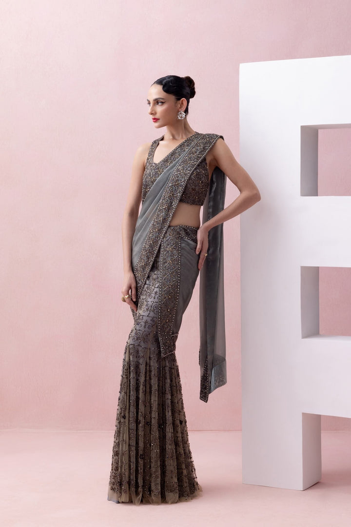 Steel Grey Embroidered Godet Skirt With Organza Aanchal And Razor Back Blouse