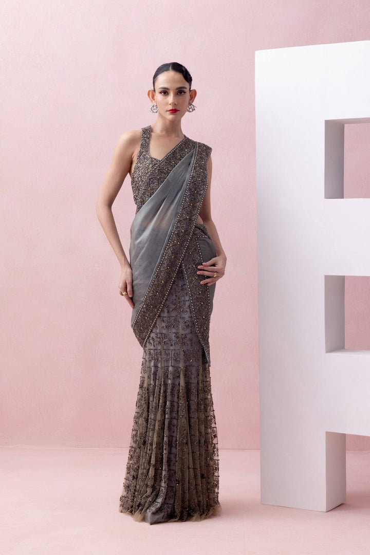 Steel Grey Embroidered Godet Skirt With Organza Aanchal And Razor Back Blouse