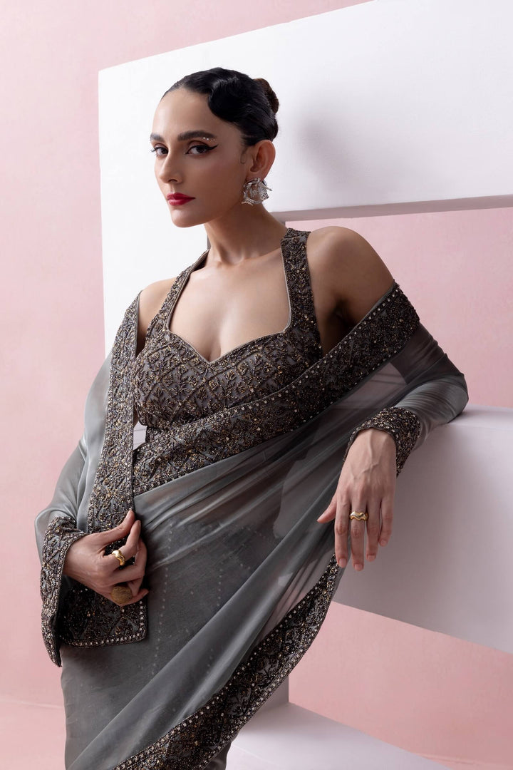 Steel Grey Embroidered Godet Skirt With Organza Aanchal And Razor Back Blouse