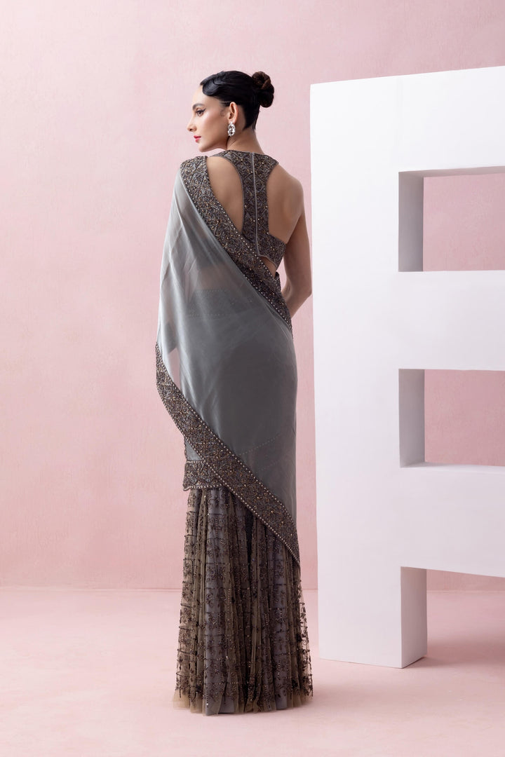 Steel Grey Embroidered Godet Skirt With Organza Aanchal And Razor Back Blouse
