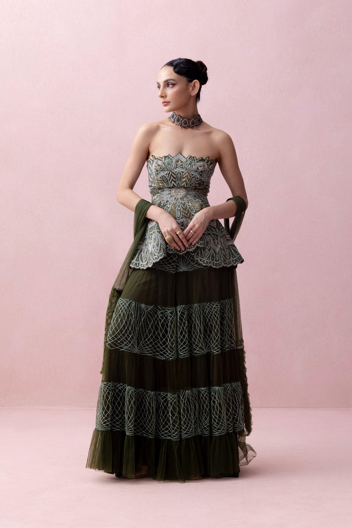 Forest Green Threadwork Peplum With Tulle Sharara And Smocked Stole