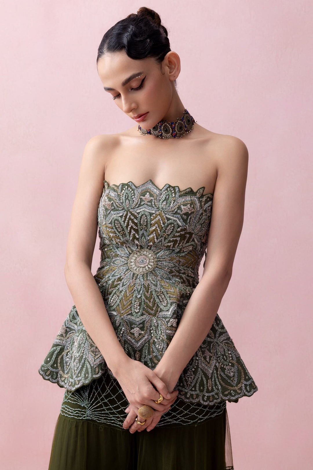 Forest Green Threadwork Peplum With Tulle Sharara And Smocked Stole