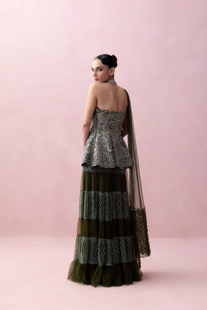 Forest Green Threadwork Peplum With Tulle Sharara And Smocked Stole
