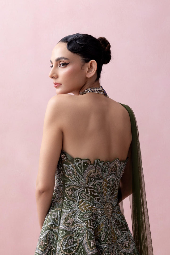 Forest Green Threadwork Peplum With Tulle Sharara And Smocked Stole